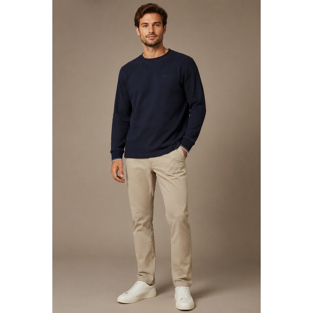 Ben Sherman Men's M Navy Textured Crewneck Sweatshirt Plaid Trim British Mod